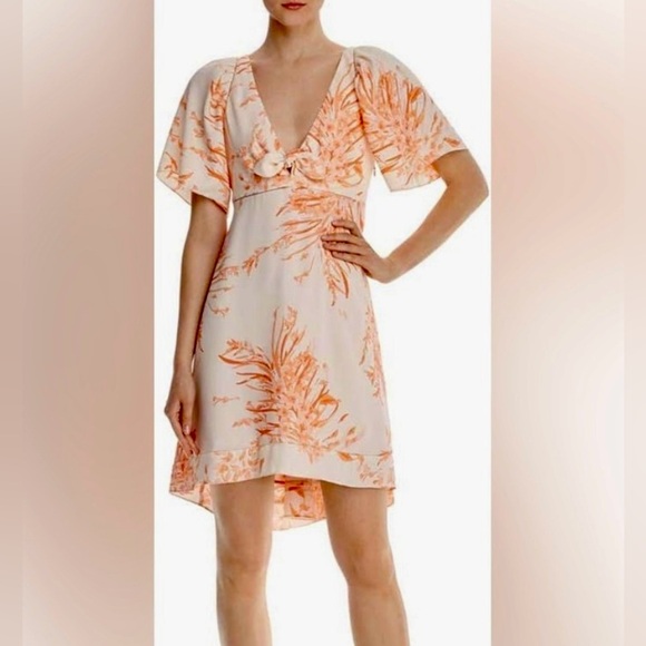 Joie Flutter Sleeve V-Neck Midi Sundress, tie accent, beige/coral, sz0 - Picture 1 of 8